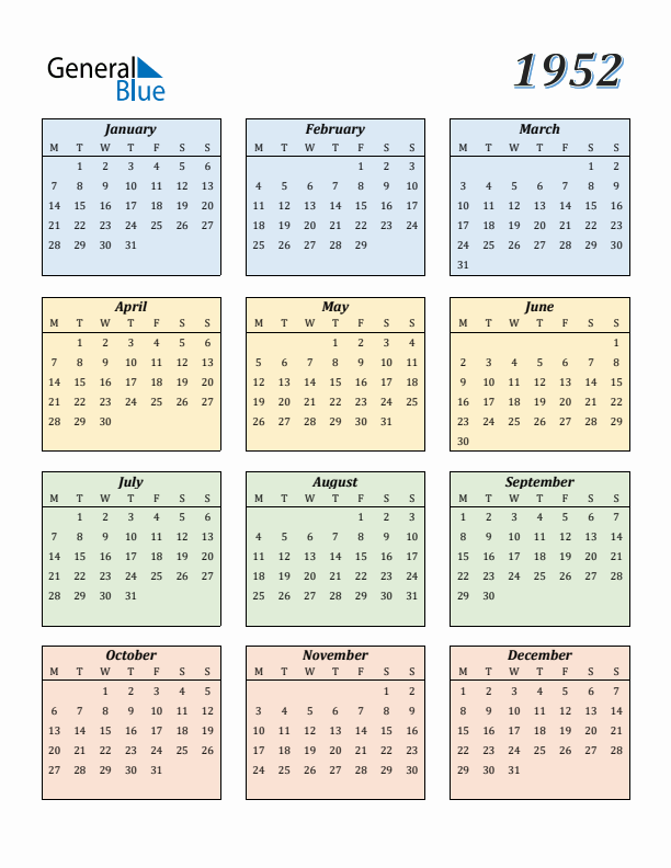 Calendar for 1952 (Monday Start)