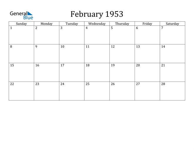 February 1953 Calendar (PDF Word Excel)