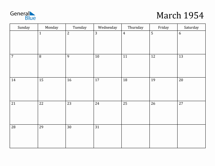 March 1954 Monthly Calendar (PDF Word Excel)