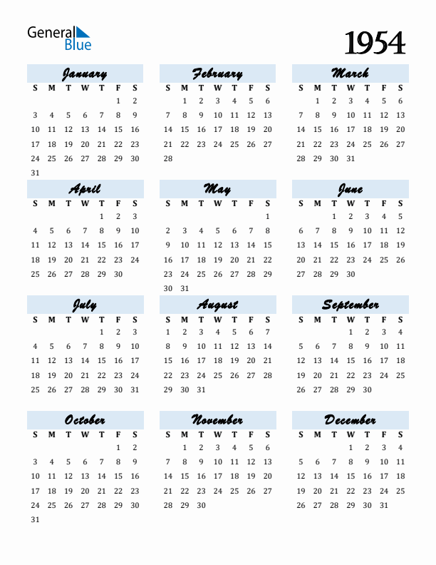 Free 1954 Calendars in PDF Word Excel