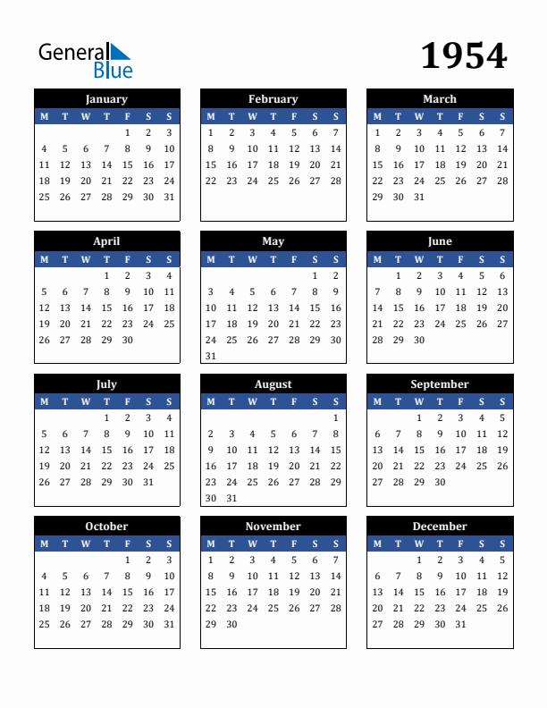 1954 Yearly Calendar Templates with Monday Start