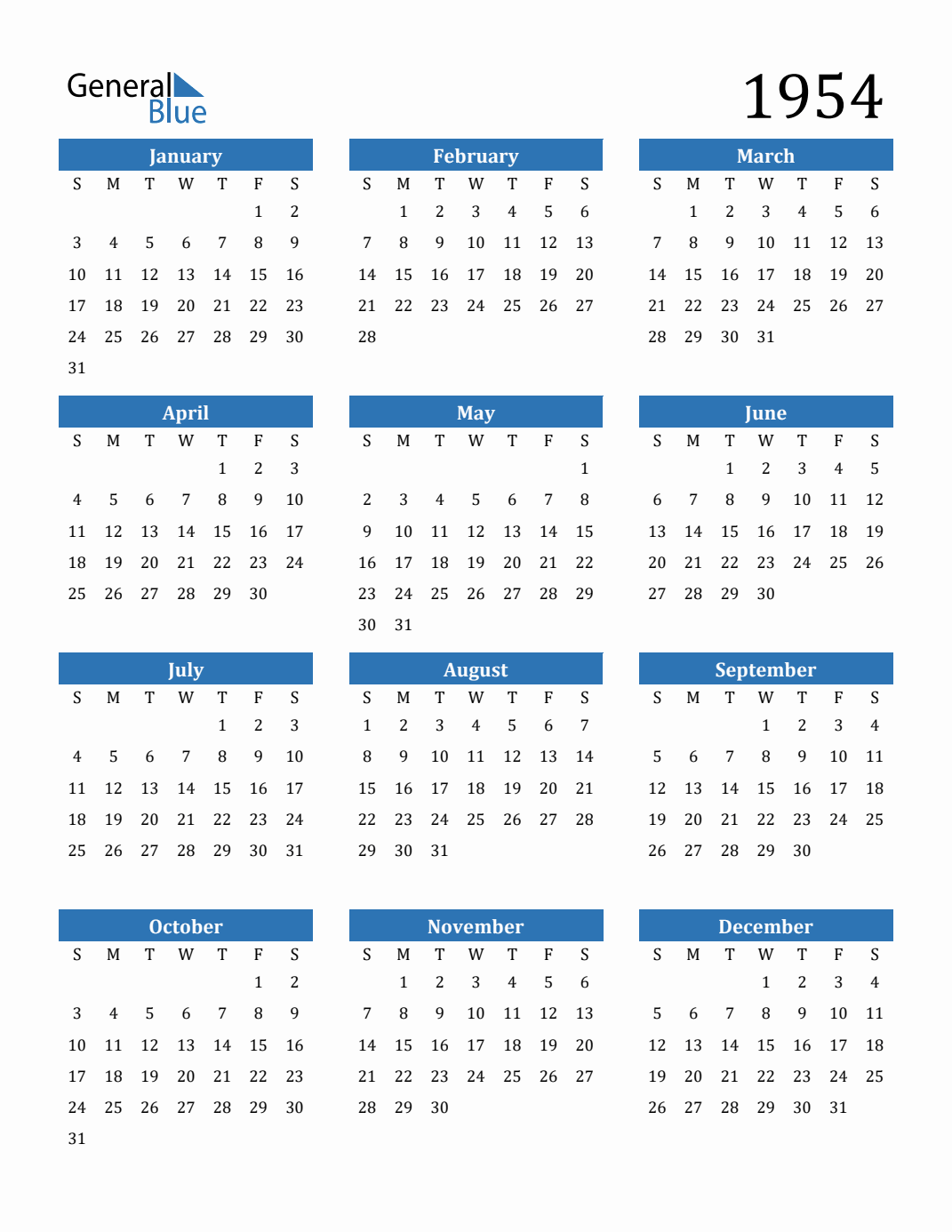 1954 Calendar (PDF, Word, Excel)
