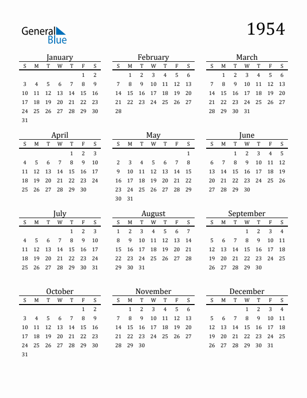 1954 Calendar (PDF Word Excel)