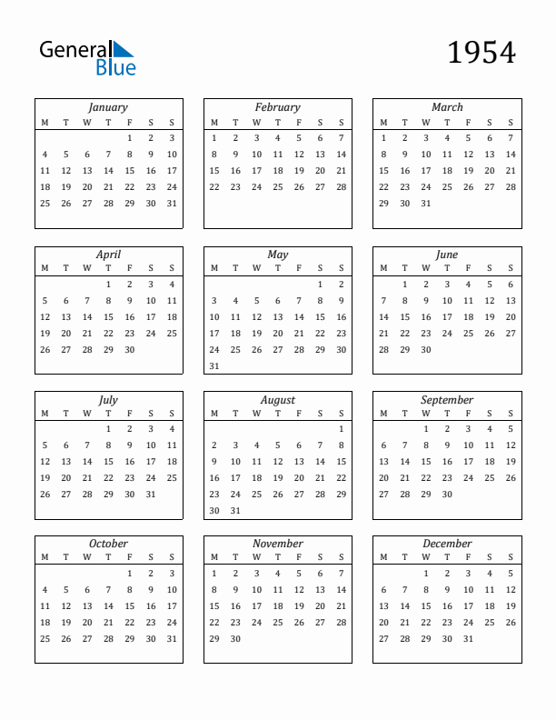 1954 Yearly Calendar Templates with Monday Start