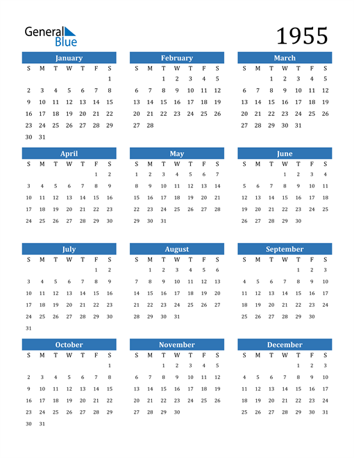 1955 Calendar (PDF Word Excel)