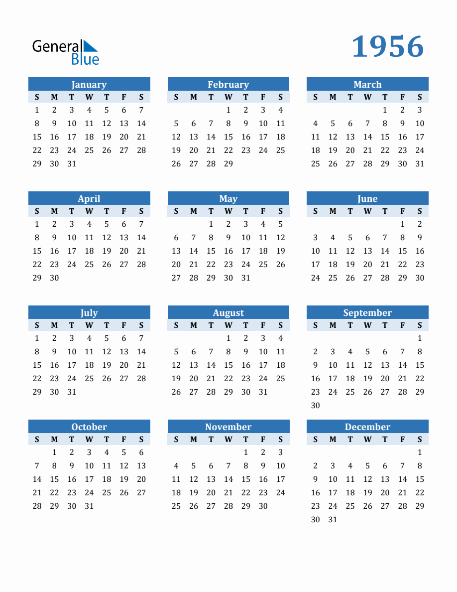 Free 1956 Year Calendar in PDF Word and Excel
