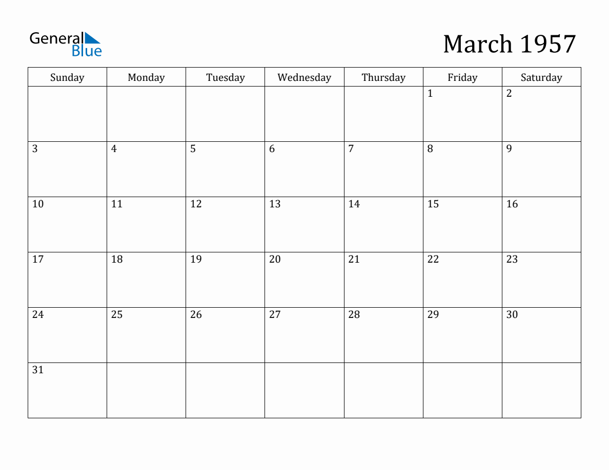 March 1957 Monthly Calendar