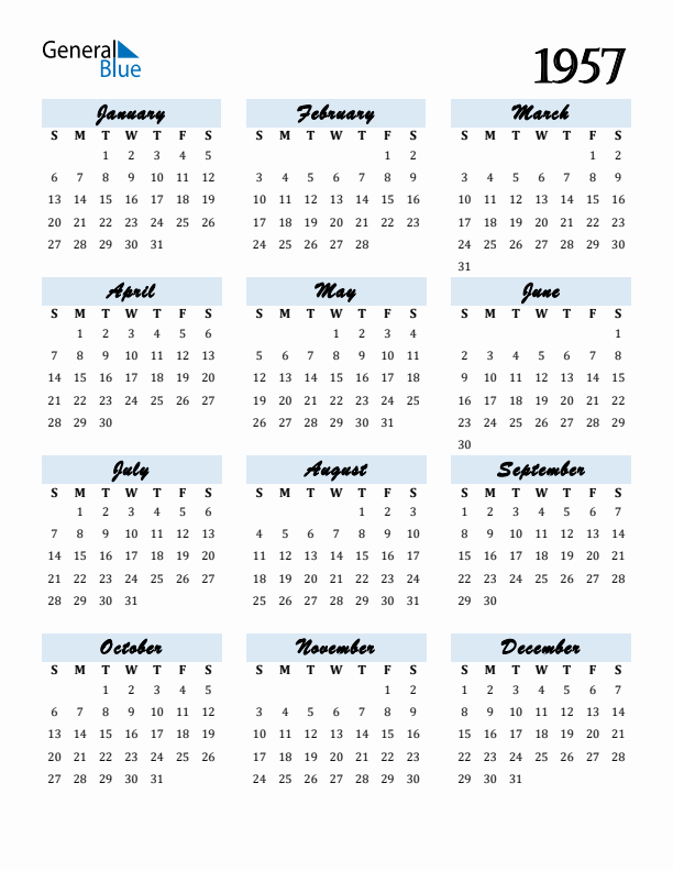 Free 1957 Calendars in PDF Word Excel