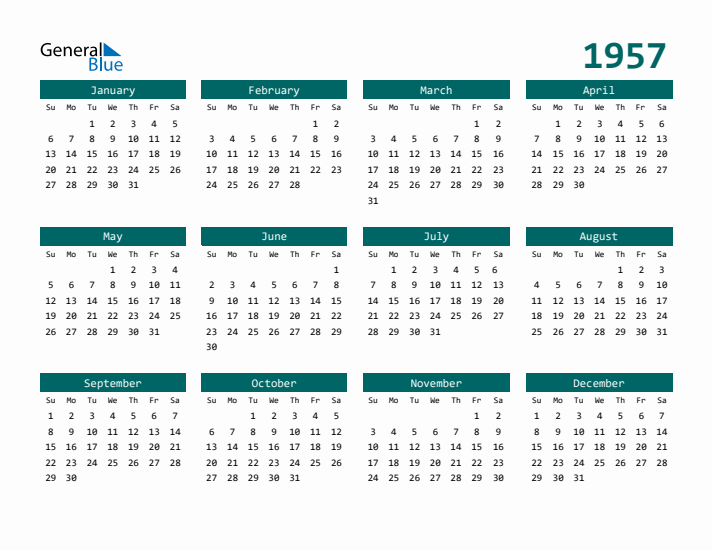 Free 1957 Calendars in PDF Word Excel