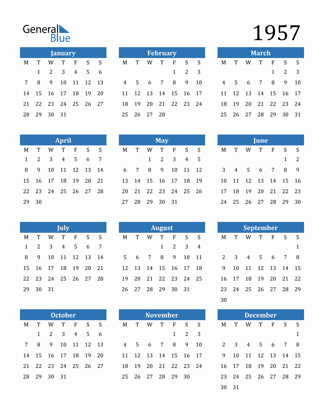 1957 Calendar with Monday Start