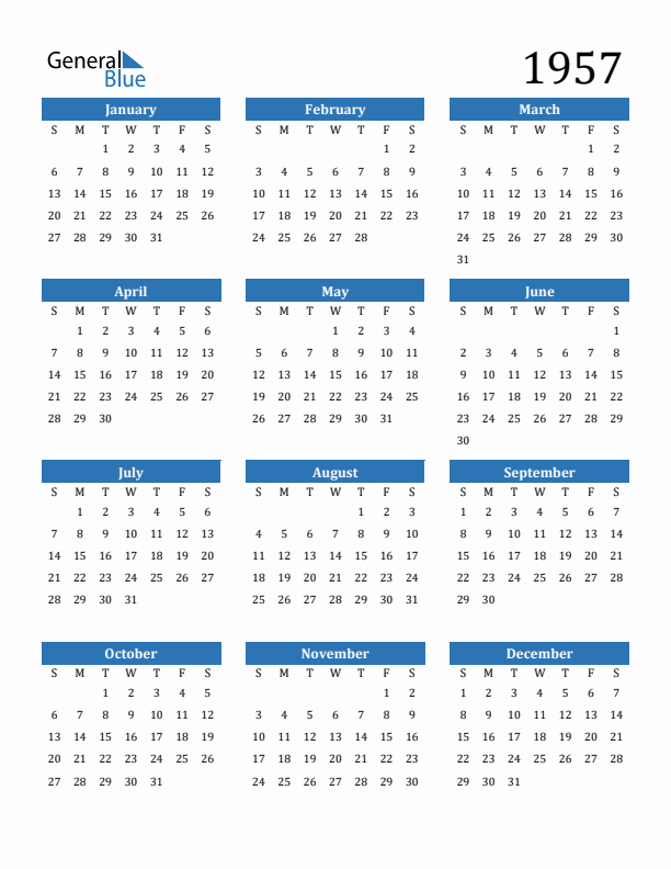 Free 1957 Calendars in PDF, Word, Excel