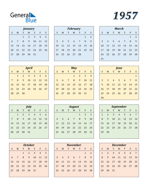 1957 Calendar (PDF, Word, Excel)