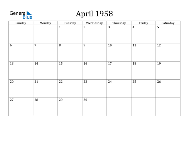 April 1958 Calendar (PDF Word Excel)