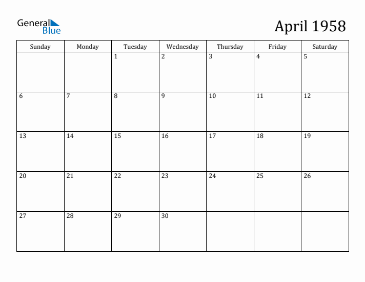 April 1958 Monthly Calendar (PDF Word Excel)