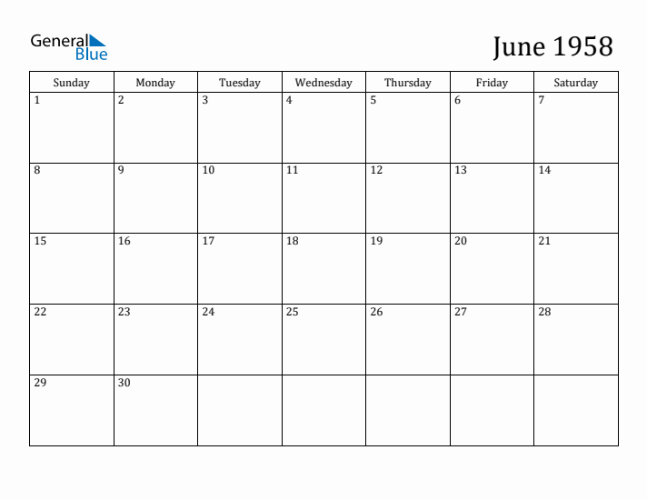June 1958 Monthly Calendar (PDF Word Excel)