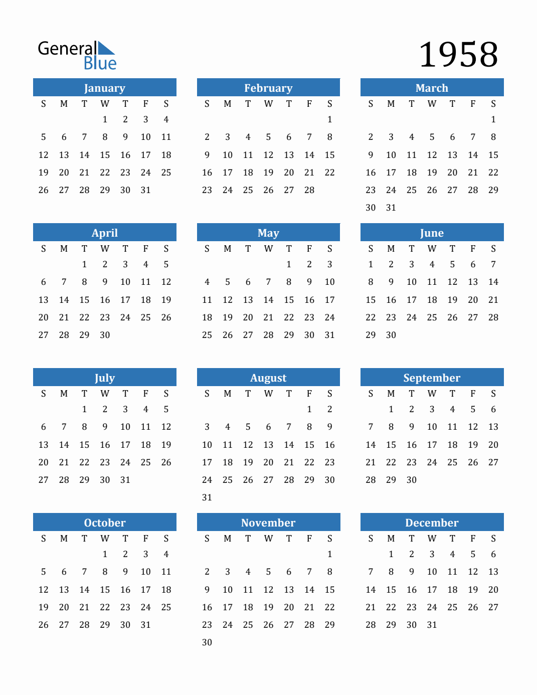 1958 Yearly Calendar Templates with Monday Start