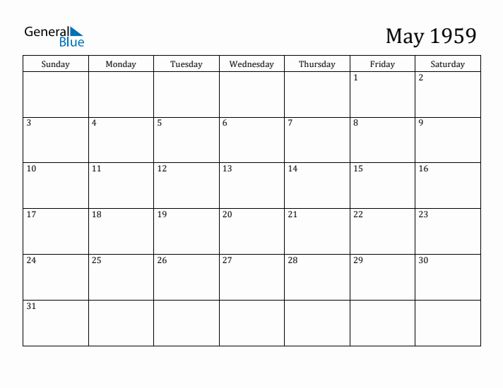 May 1959 Monthly Calendar (PDF Word Excel)