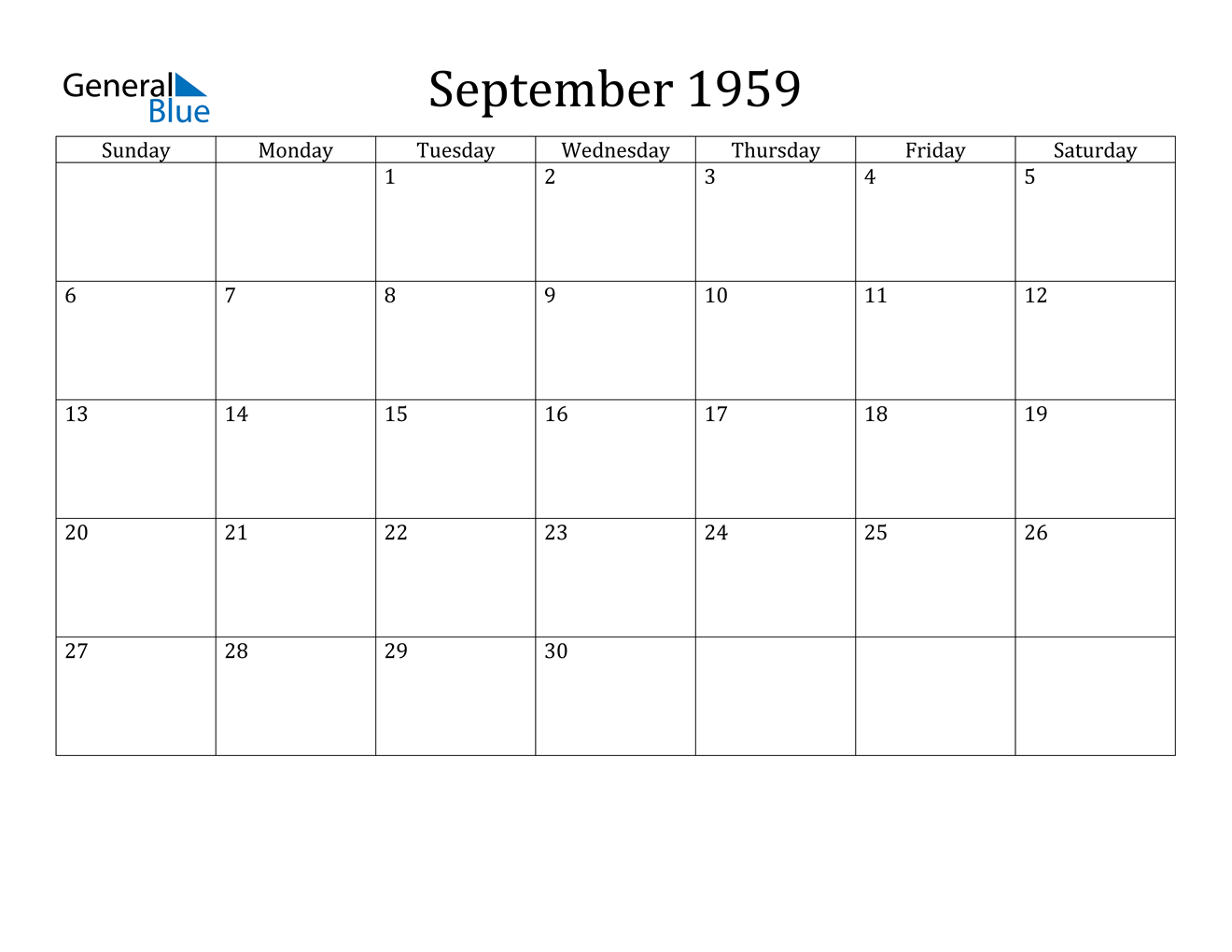 September 1959 Calendar PDF Word Excel