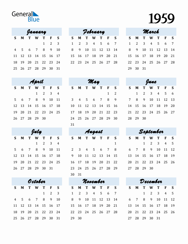 Free 1959 Calendars in PDF Word Excel