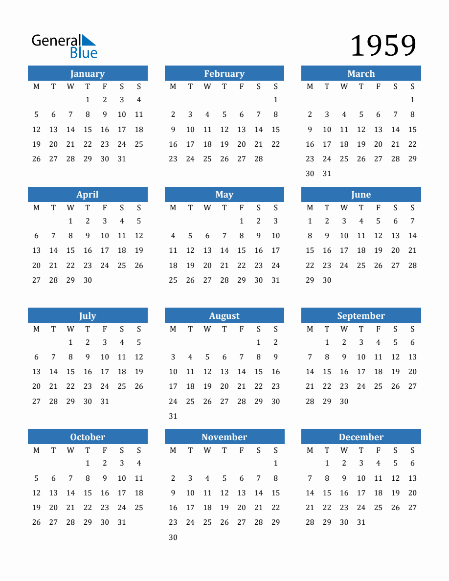 1959 Yearly Calendar