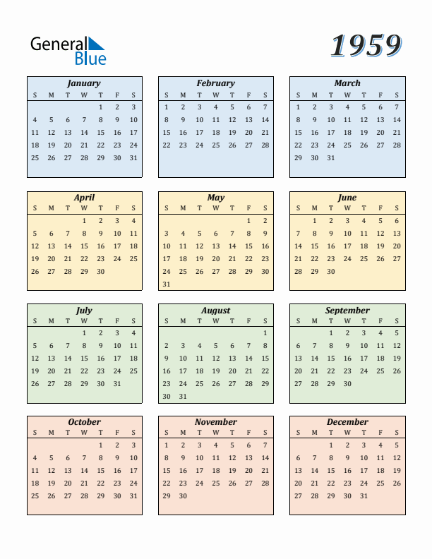 1959 Calendar (PDF, Word, Excel)