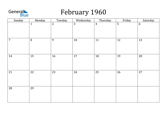 February 1960 Calendar (PDF Word Excel)