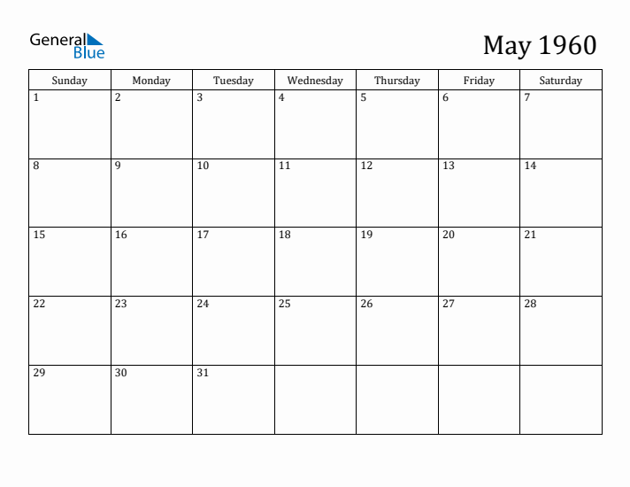 May 1960 Monthly Calendar (PDF Word Excel)