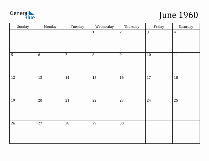 June 1960 Monthly Calendar (PDF Word Excel)