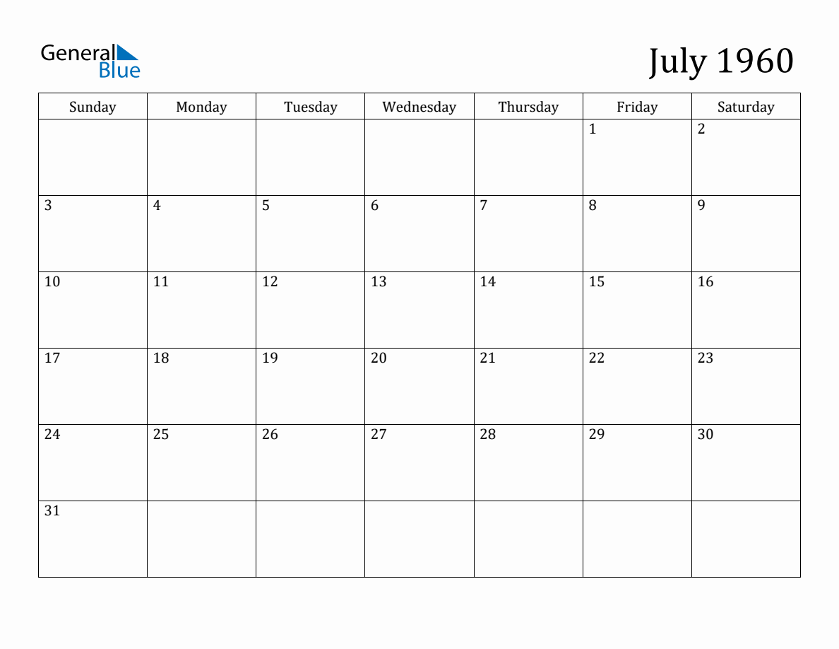 July 1960 Monthly Calendar