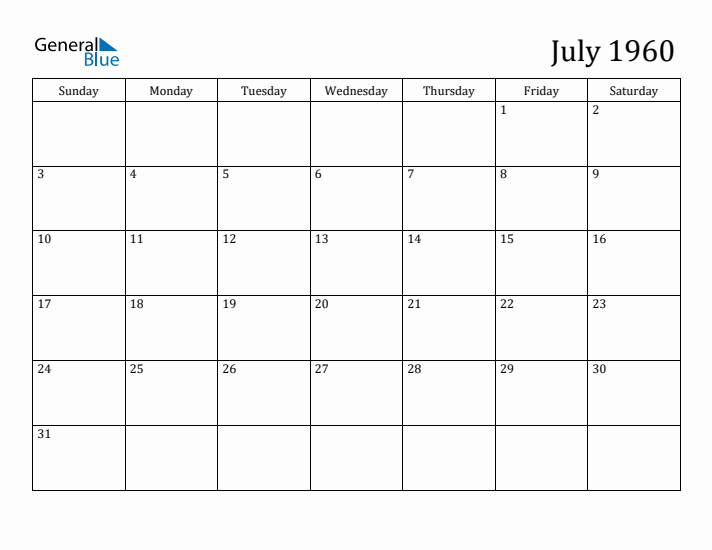 July 1960 Monthly Calendar (PDF Word Excel)