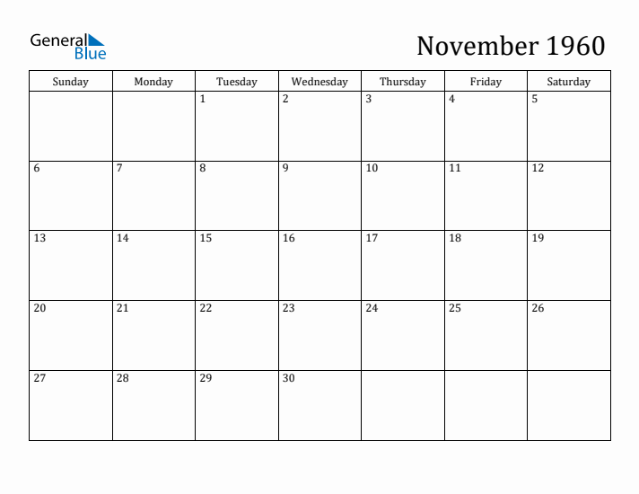 November 1960 Monthly Calendar (PDF Word Excel)