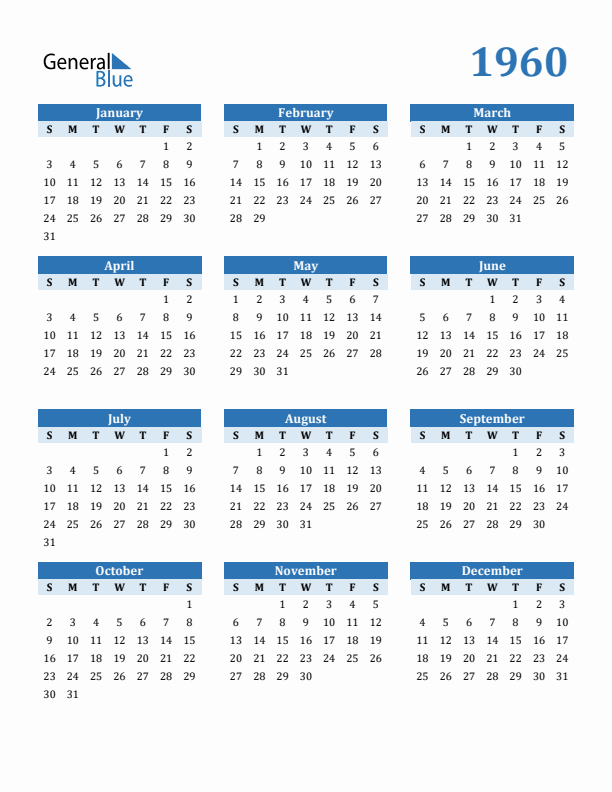 1960 Calendar (PDF, Word, Excel)