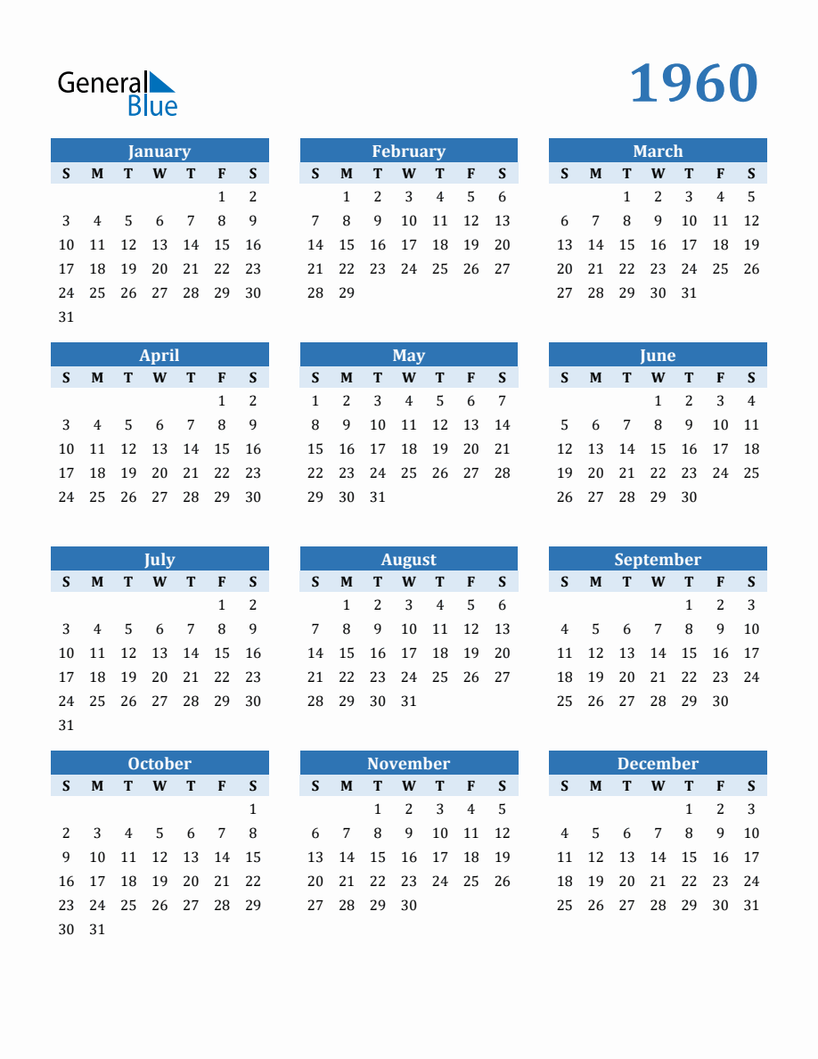 Free 1960 Year Calendar in PDF, Word, and Excel