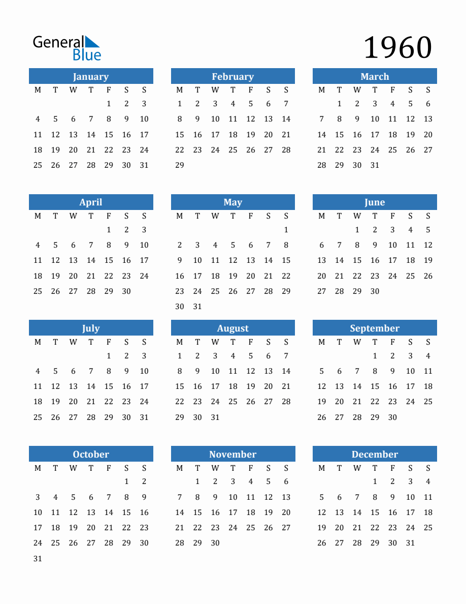 1960 Yearly Calendar