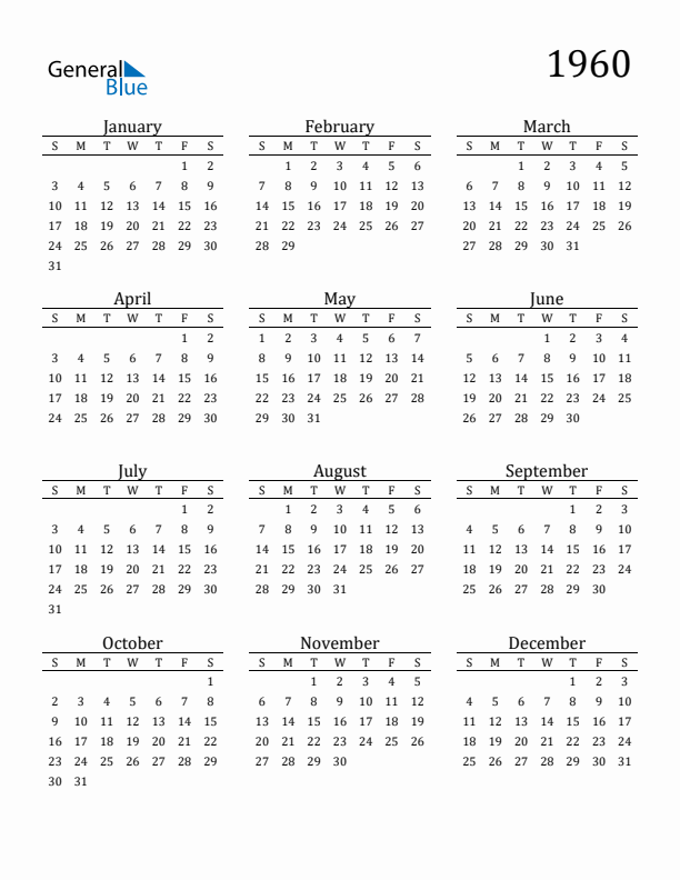 Free 1960 Calendars in PDF Word Excel