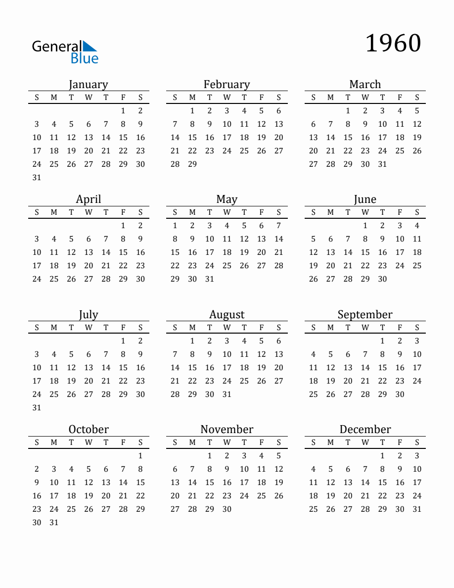 Year 1960 Free Printable 12-Month Calendar