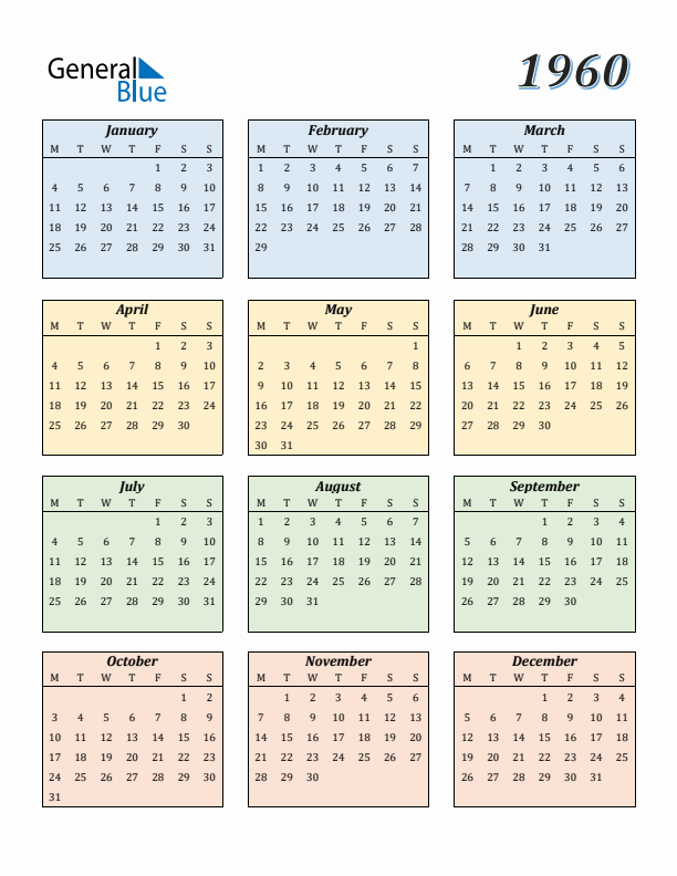 1960 Yearly Calendar Templates with Monday Start