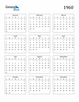 1960 Calendar (PDF Word Excel)