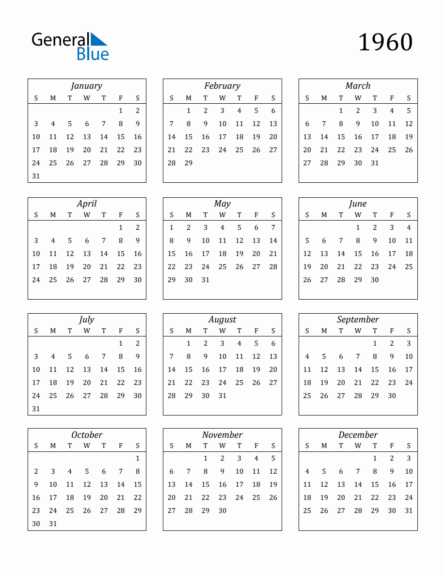 1960 Blank Yearly Calendar Printable