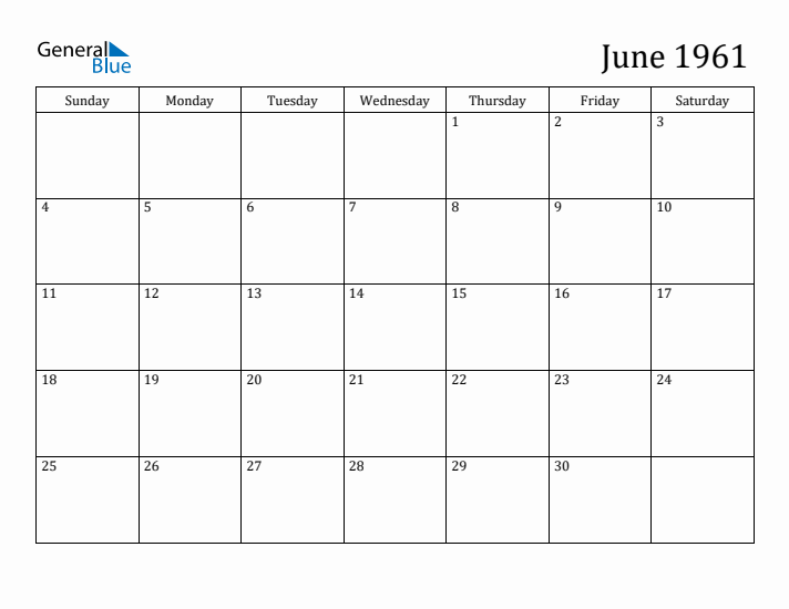 June 1961 Monthly Calendar (PDF Word Excel)