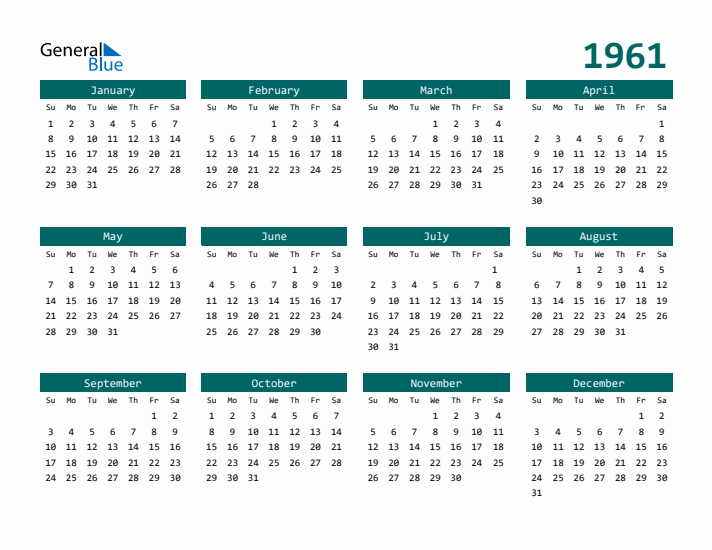 Downloadable 1961 Calendar
