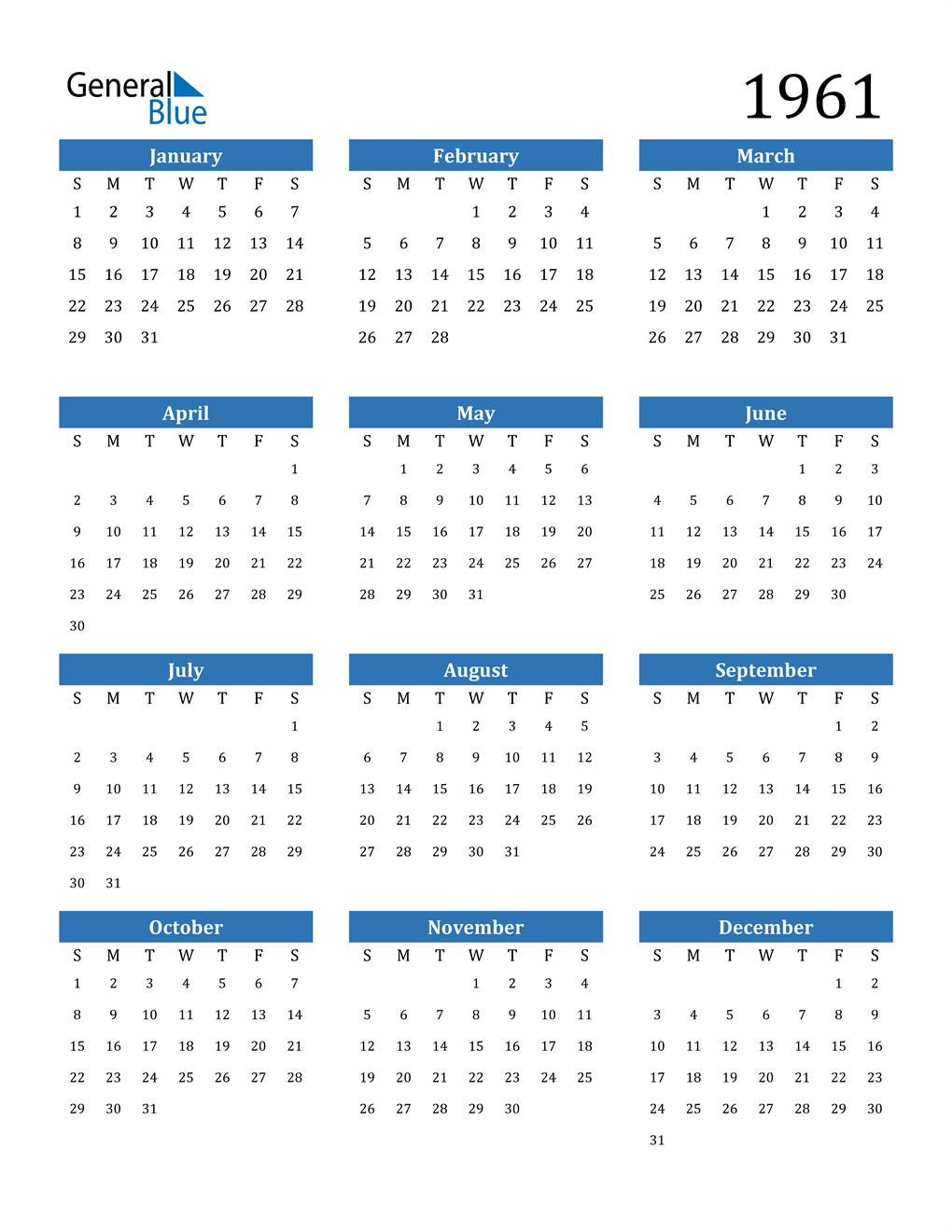 1961 Calendar (PDF, Word, Excel)