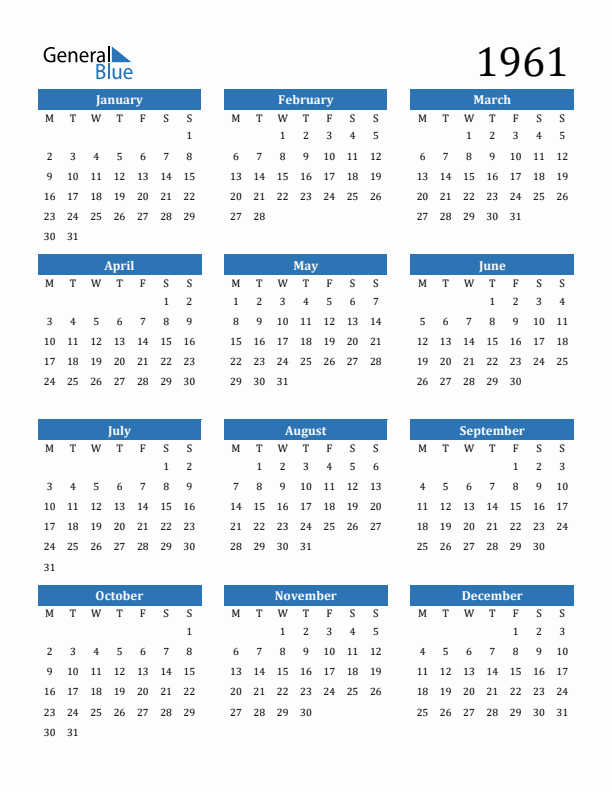 1961 Calendar