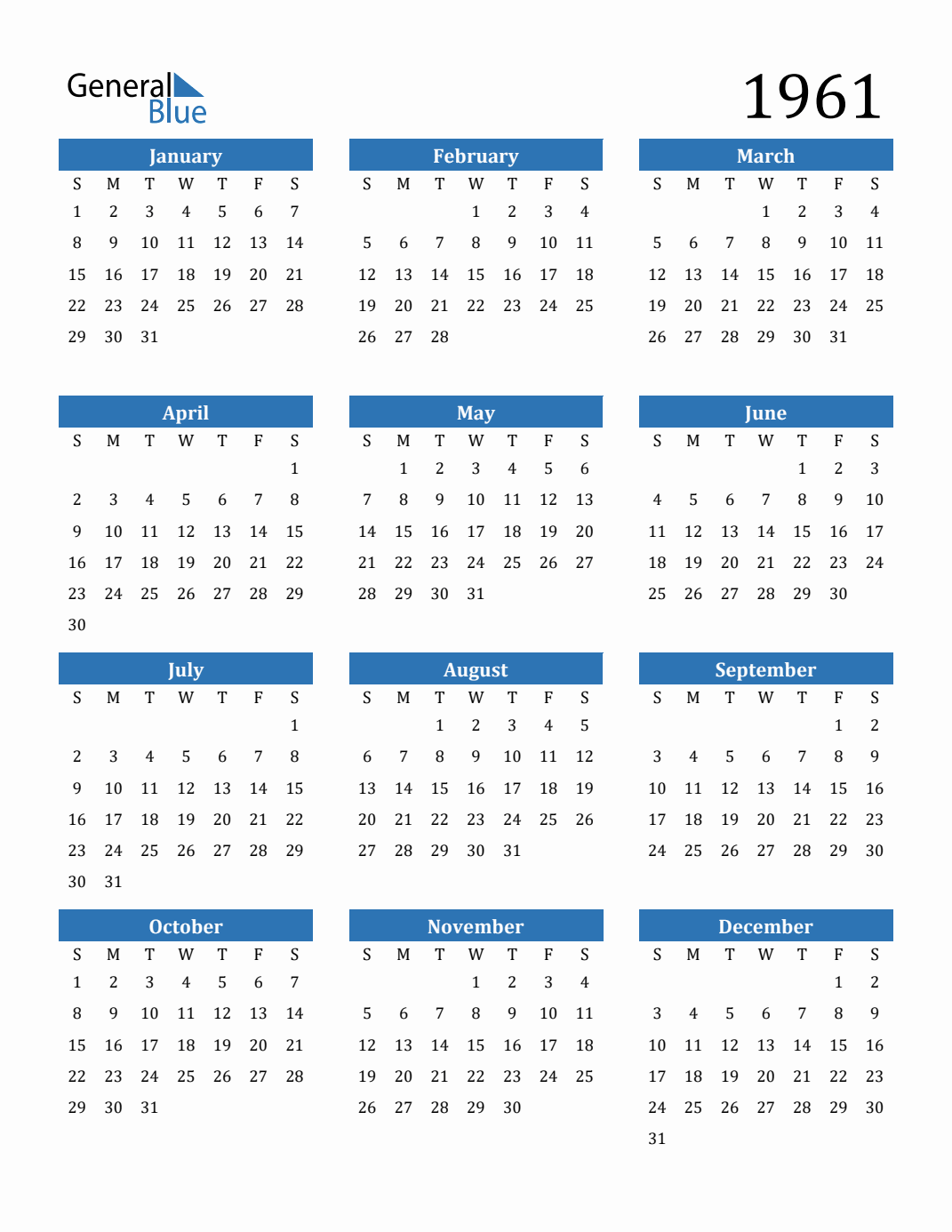 Free 1961 Calendars in PDF, Word, Excel