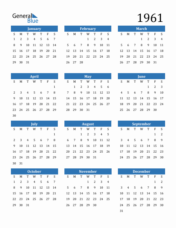 Free 1961 Calendars in PDF Word Excel