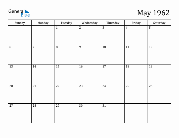 May 1962 Monthly Calendar (PDF Word Excel)