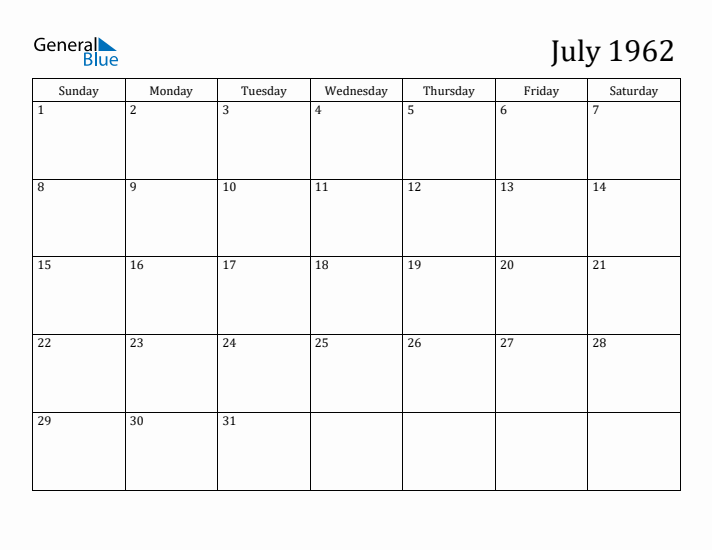 July 1962 Monthly Calendar (PDF Word Excel)