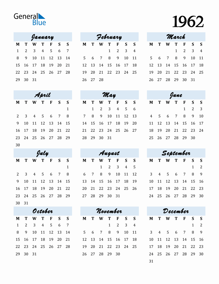 Free Downloadable Calendar for Year 1962