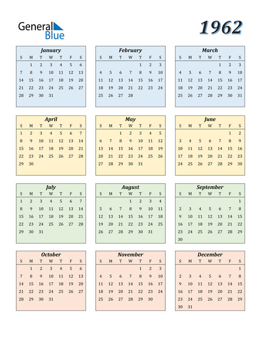 1962 Calendar (PDF, Word, Excel)