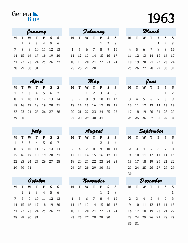1963 Yearly Calendar Templates with Monday Start